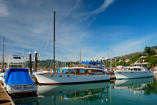 Boats in a marina on a sunny day. One boat is called "Cat Balou" with its name written on the back.