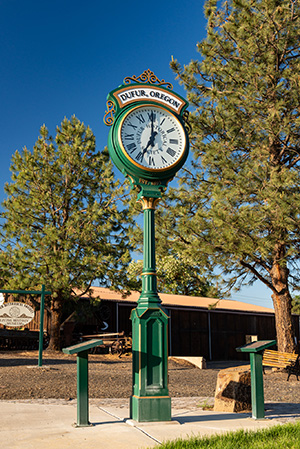 An ornate green street clock with gold accents stands prominently in a park setting, displaying the time and labeled DUFUR, OREGON at the top.