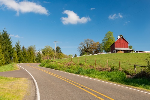 Street view of a 2 lane country road with a field and barn on the right. Evergreen trees line the left.