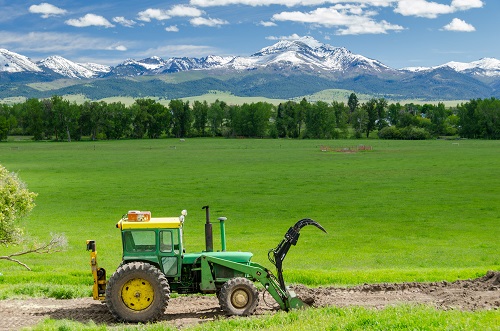 A tractor with a scoop on the front on a dirt trail. A green field with evergreen trees on edge. Snowy mountains in back.