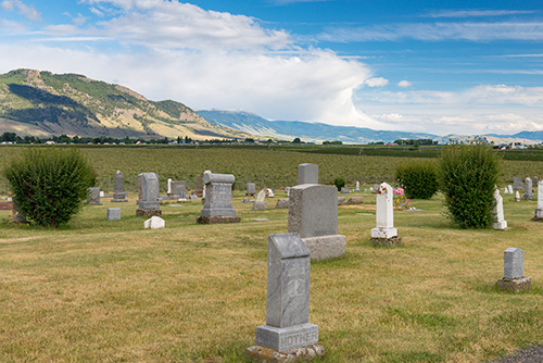 Upright tomb stones on a flat grassy field. A few short bushes flank the side. Low mountains in the distance.