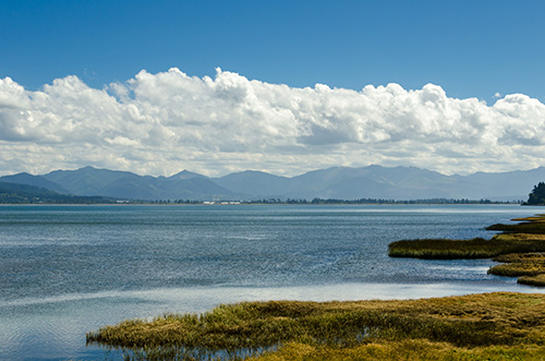 A serene landscape featuring a calm lake with grassy banks in the foreground, a range of mountains in the distance under a blue sky dotted with fluffy white clouds.