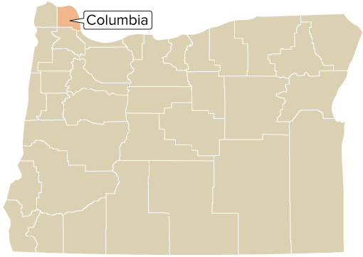 Oregon county map with Columbia County shaded