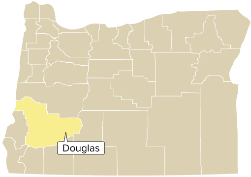 Oregon county map with Douglas County shaded