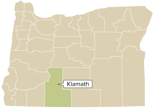 Oregon county map with Klamath County shaded