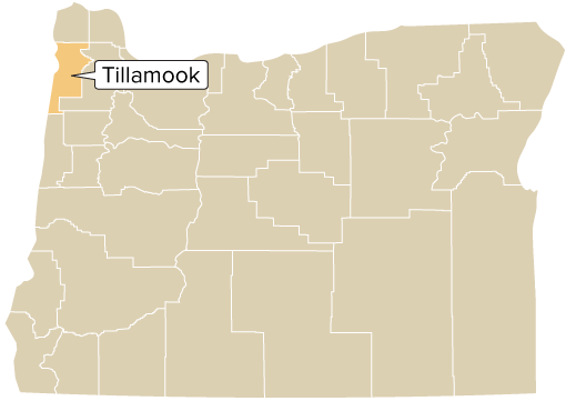 Oregon county map with Tillamook County shaded