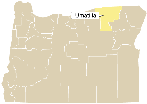Oregon county map with Umatilla County shaded