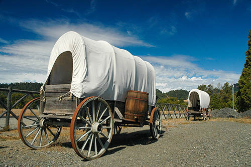 2 covered wagons stnd in a line on a dirt trail.