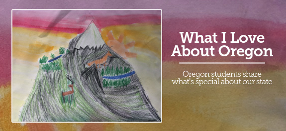 Drawing of a mountain with the words what I love about Oregon to the side.