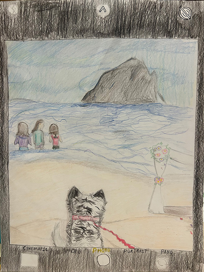Drawing of the shore at Cannon Beach with 3 people wading in the ocean, a dog on the sand and haystack rock in the distance.