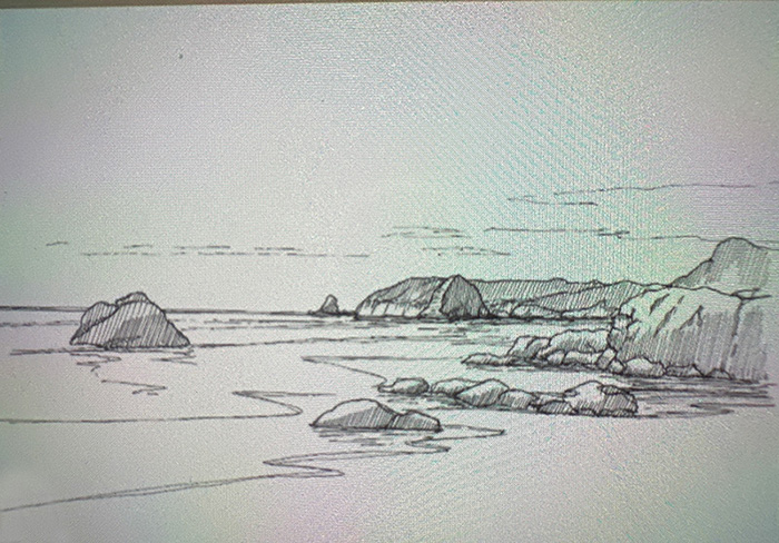 A black‑and‑white sketch of a coastal landscape showing calm water, scattered rocks in the shallows, and a rugged shoreline.