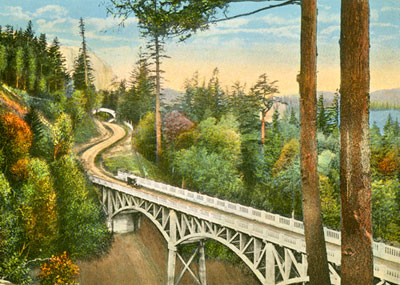 A historic painting of the Columbia River Gorge Highway showing a winding road carved into steep, forested cliffs above the Columbia River.