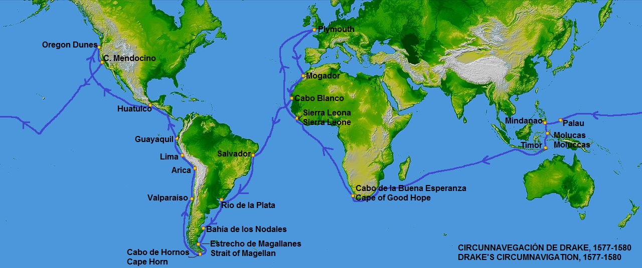 map of Sir Francis Drake's travels