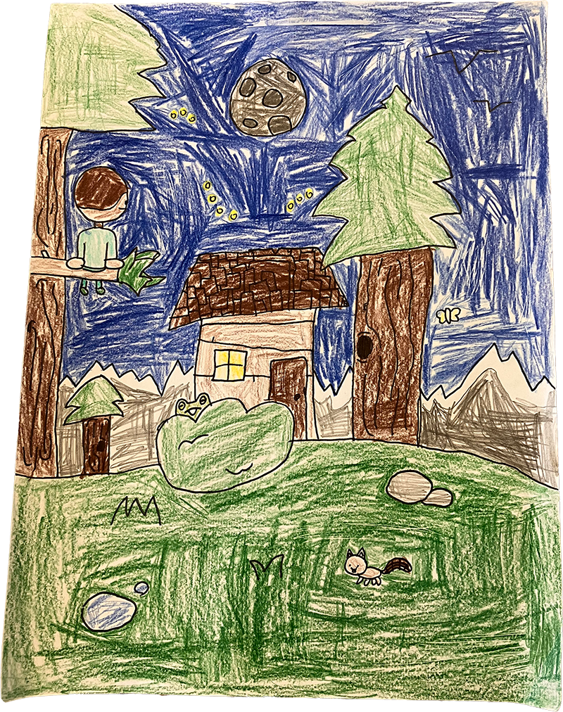 Drawing of a forest scene with a cabin, trees, a child sitting in a tree, the moon in the sky, forest animals