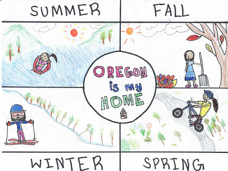 Drawing of seasonal activities. Floating on a river in summer, raking leaves in fall, ski in winter, ride a bike in spring.