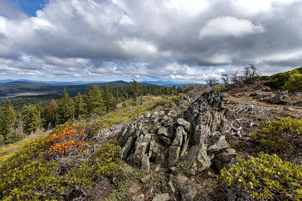 A wide mountain landscape with rocky terrain in the foreground, including jagged gray stones surrounded by low shrubs and patches of orange and green vegetation.