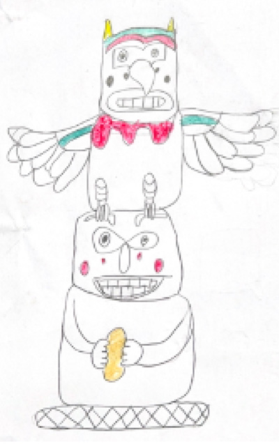 Drawing of a totem pole with a bird on top and  a person below.