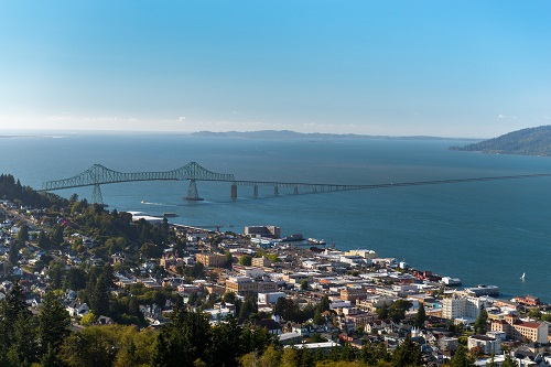The Megler Bridge on the Columbia River as seen from the Astoria Column in Astoria.