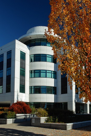 The Barbara Roberts building with blue sky behind.
