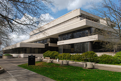 a multi‑story, mid‑century office structure which houses the central offices of the Oregon Employment Department