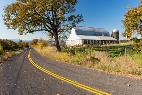 A rural scene with a two-lane road leading towards a white barn with a silvery metal roof and an adjacent silo.