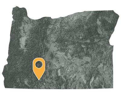 Oregon map with pointer showing location of the Klamath Tribe in southwest quadrant.