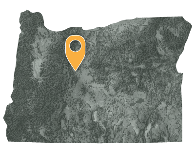 Oregon map with pointer showing location of the confederated tribes of Warm Springs in the northwest quadrant