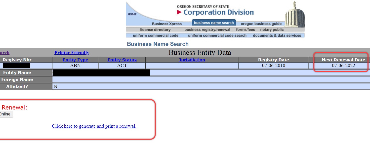 Screen shot of Business Entity Data screen with the link to print annual report circled.