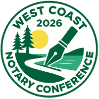Circular logo for the 2026 West Coast Notary Conference featuring a fountain pen drawing a path with trees, a sun, and hills in the background