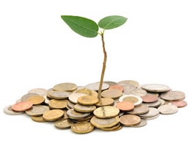 Plant sprouting from pile of coins.
