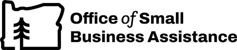 Logo of the Office of Small Business Assistance has an outline of the state of Oregon with a tree inside. 