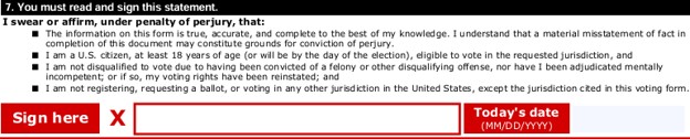 Form section requiring the voter to swear or affirm statements under penalty of perjury, with signature and date fields highlighted in red.