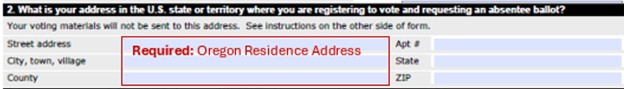 Form section showing address fields with a red box highlighting 'Required: Oregon Residence Address' in the Street Address field