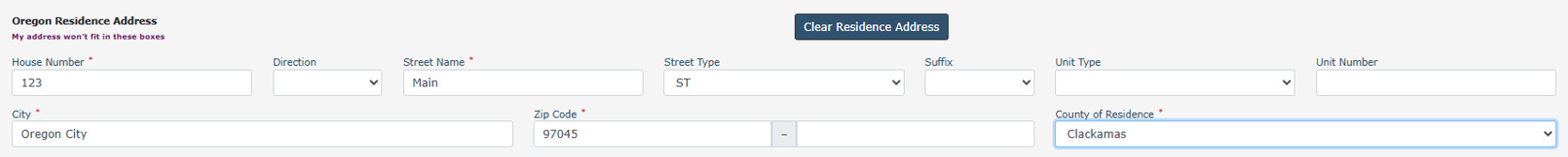 A form section labeled Oregon Residence Address showing fields for house number, direction, street name, street type, suffix, unit type, unit number, city, zip code, and county, with a “Clear Residence Address” button at the top.