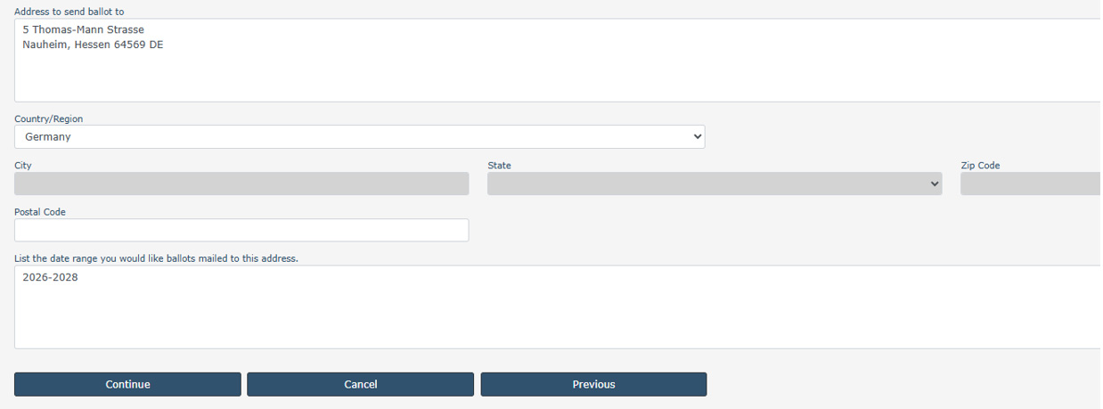 A web form with fields for a mailing address, country/region, city, state, zip code, and a date range, followed by buttons labeled Continue, Cancel, and Previous.