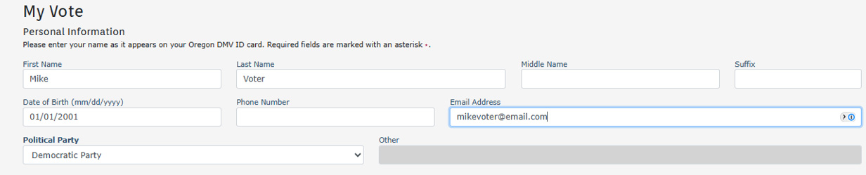 A webpage titled My Vote displays a personal information form. The form includes labeled fields for first name, last name, middle name, suffix, date of birth, phone number, and email address.
