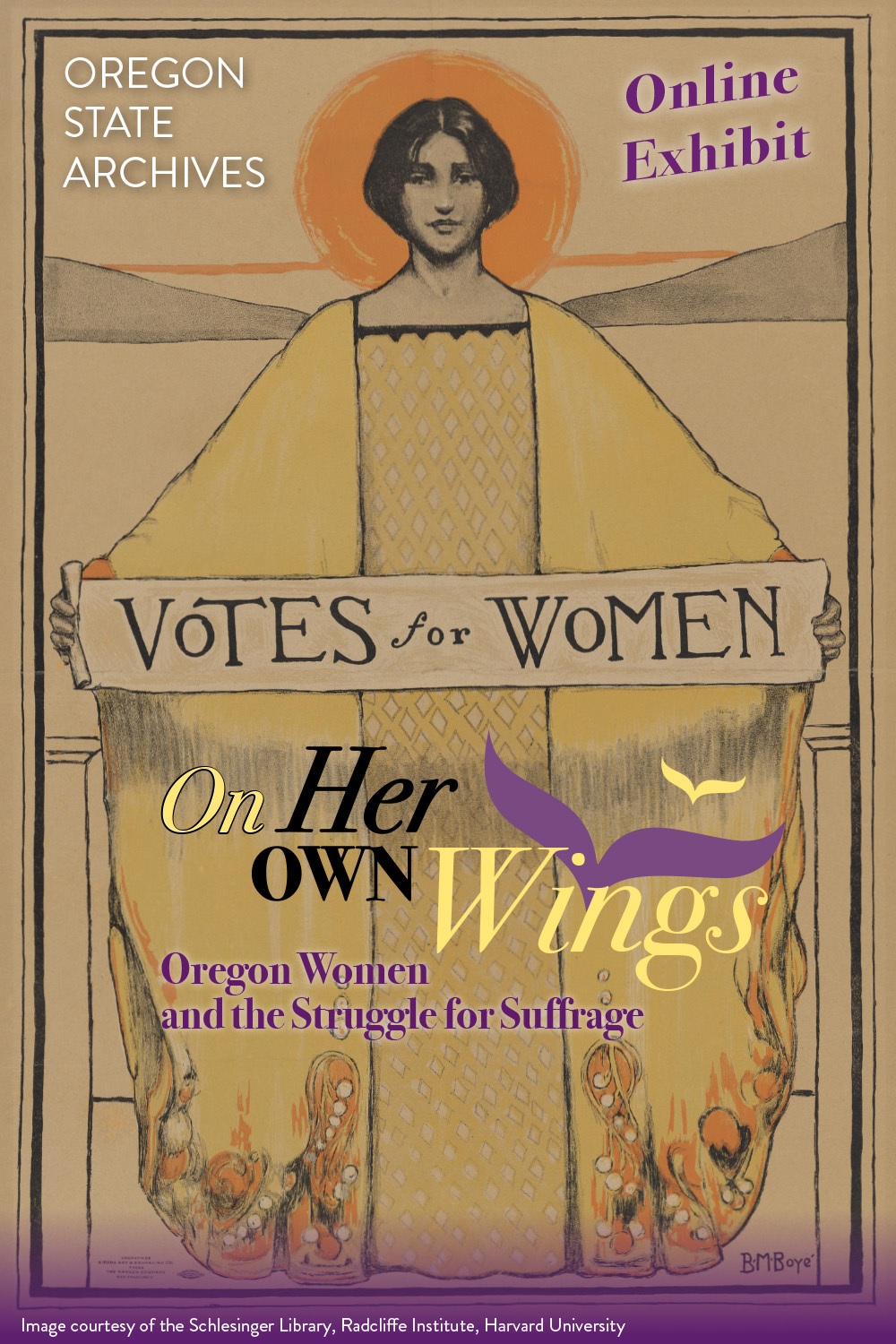 Drawing of woman with short, dark hair, in an elegant long dress holding a sign reading "Votes for Women".