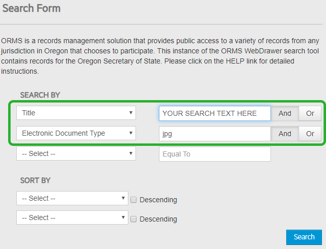 Screen shot shows the search screen in ORMS (Oregon Records Management Solutions) where a search can be made for images by title