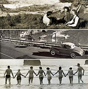 Composit of 3 photos featuring people sitting near Boiler bay, a car at Otter Crest, 8 people walking to ocean at Cannon Beach