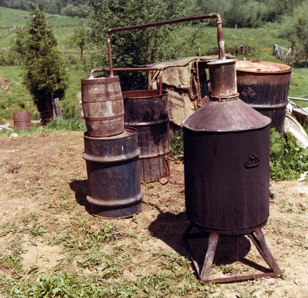 Wooden and metal barrels are rigged up with pipe in a field surrounded by forest. 