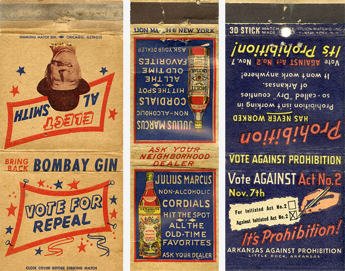 3 matchbook examples read: Vote for Repeal, Bring Back Bombay Gin, Julius Marcus non-alcoholic cordials hit the spot.