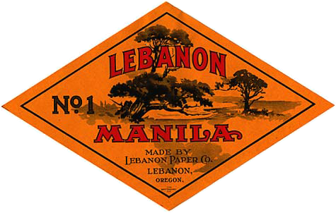 Drawing of trees with words "Lebanon Manila" over top. Under reads "Made by Lebanon Paper Co. Lebanon, Oregon"