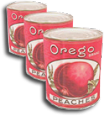 3 cans of peaches with a drawing of a peach and the words "Orego" and "Peaches" on front.