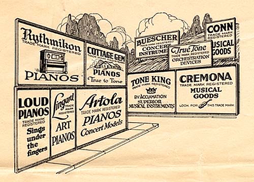 Drawing of 10 billboard type signs for various Rudolph Wurlitzer brands.