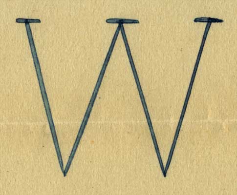 The letter W with serifs at the top of the W drawn on a piece of paper.