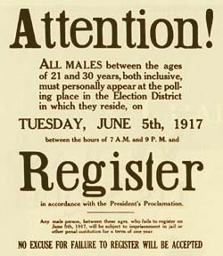Poster informing that all males between the ages of 21 and 30 year, both inclusive, must register for the draft.