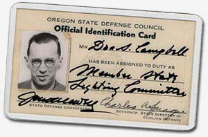 Oregon State Defense Council official identification card for Don Campbell with photo of Don on left.