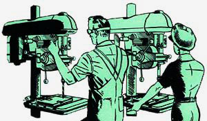 Drawing of man and woman working at machines, possibly drill presses.