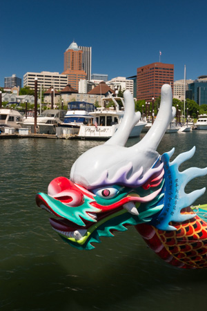 white, red, green, yellow, and blue dragon head from dragon boat