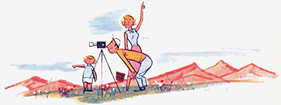 Drawing of man looking through camera, woman pointing at sky and child pointing ahead.